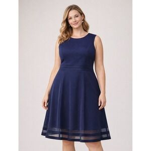 Calvin Klein Fit & Flare Dress Women 14W Navy Blue New Sleeveless Mesh Hem